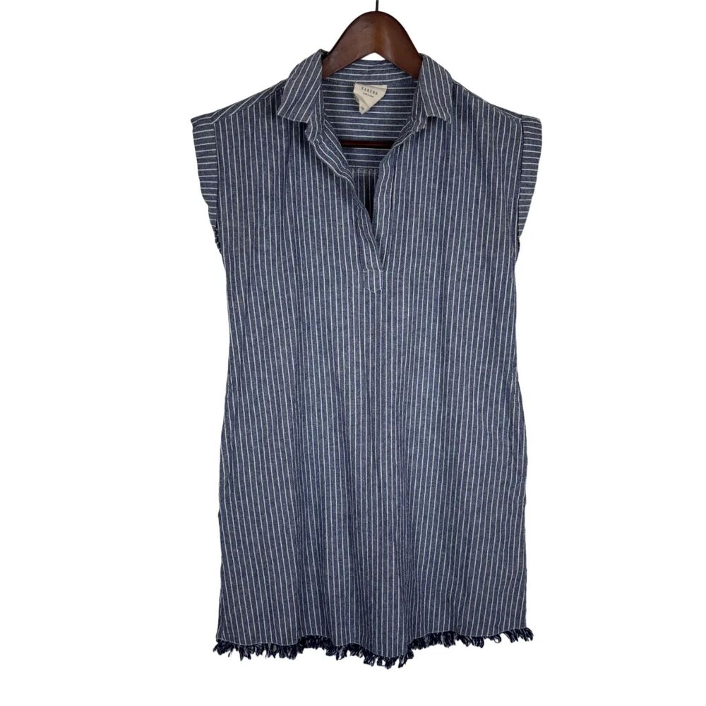 Harper Blue Chambray White Vertical Stripe Raw Hem Dress Women's XXS Cotton Pckt